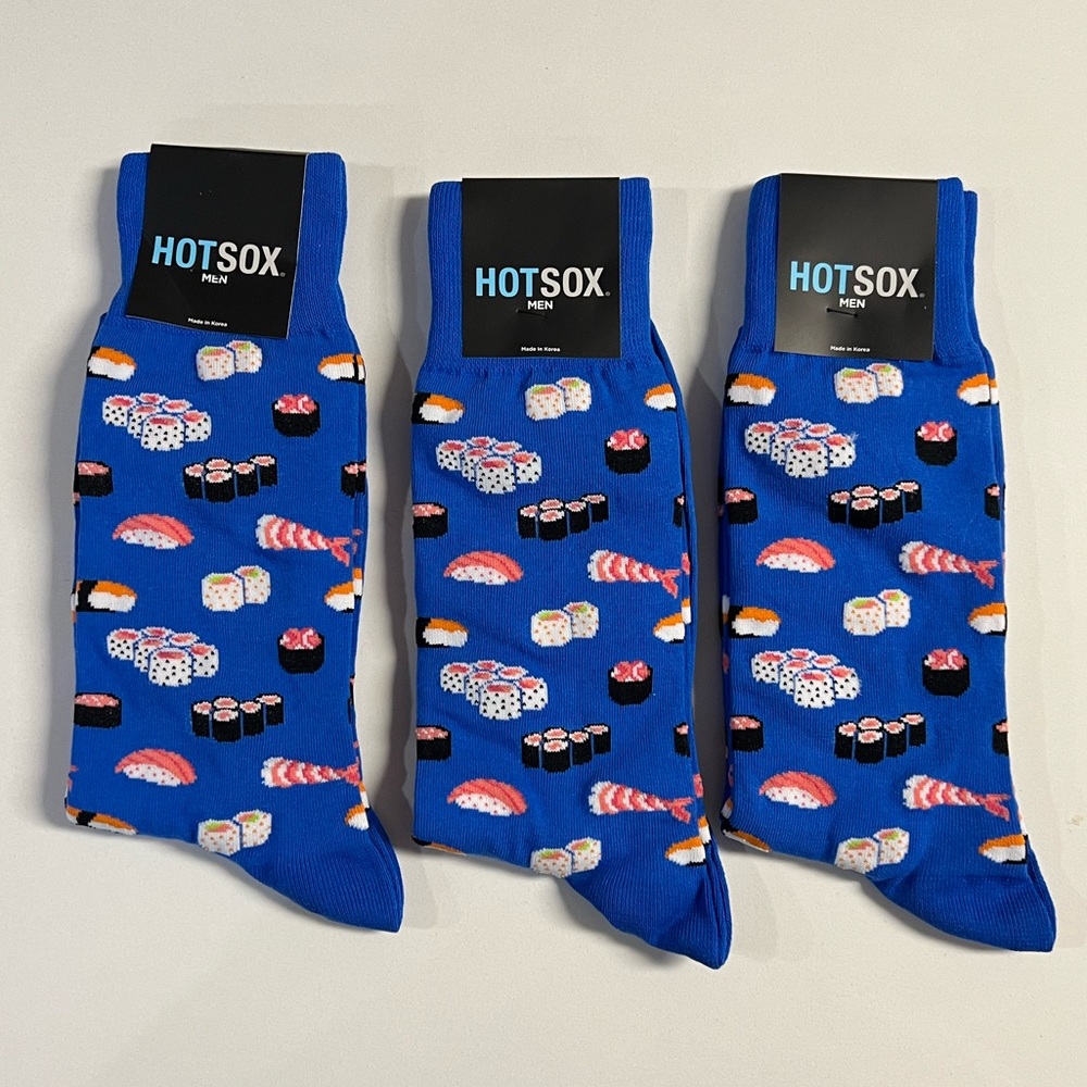 NWT Lot of 3 Hotsox Men's Socks Novelty Crew Cut Socks "Sushi" Blue Size 10-13